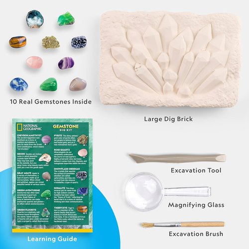 National Geographic Gemstone Dig Kit - Discover 10 Real Gemstones & Crystals | Fun Science Kit for Kids
