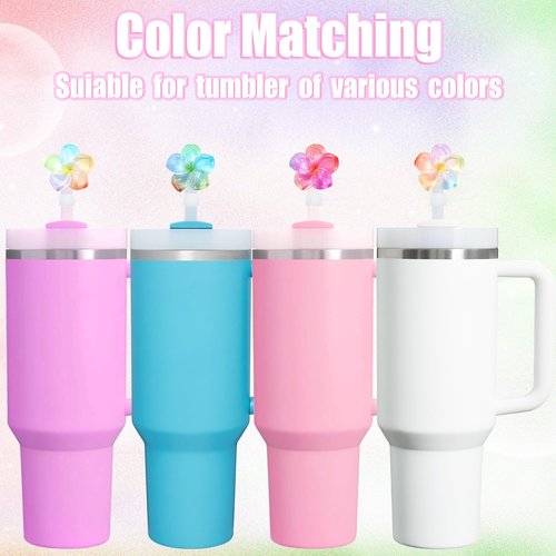 Flower Straw Toppers Set, 10mm Flower Straw Covers Topper for Stanley Cup 30oz 40 0z Tumblers, Cute Summer Themed Cup Toppers for Girls, Reusable and Shiny