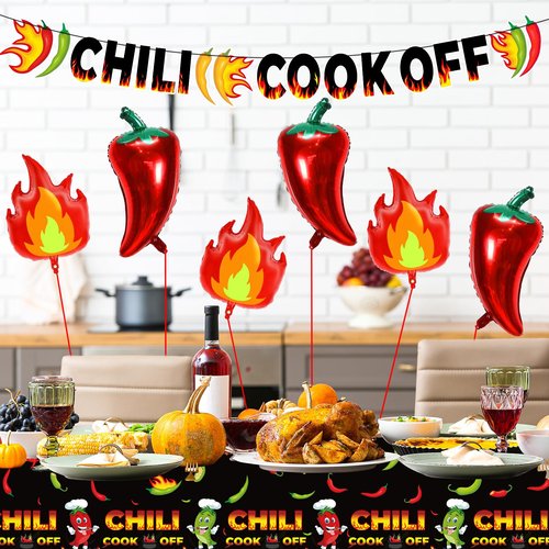 10 Pcs Chili Cook Off Decorations Set Chili Cook Off Banner Chili Pepper Disposable Tablecloth Plastic Table Cover Balloons Fire Balloons Chili Cooking Supplies Chili Pepper Decorations