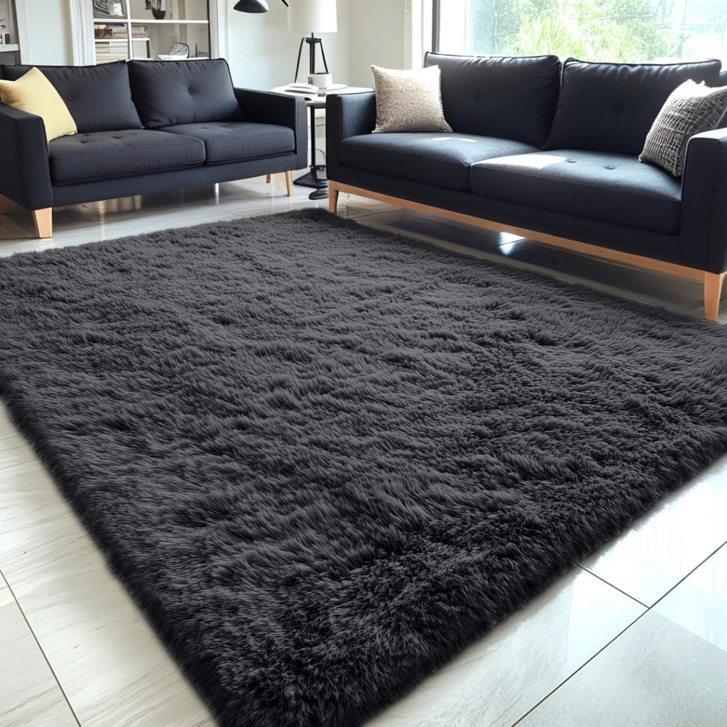 OLANLY 5x5 Area Rug - Soft Fluffy Shaggy Carpet for Living Room & Bedroom | Machine Washable, Black