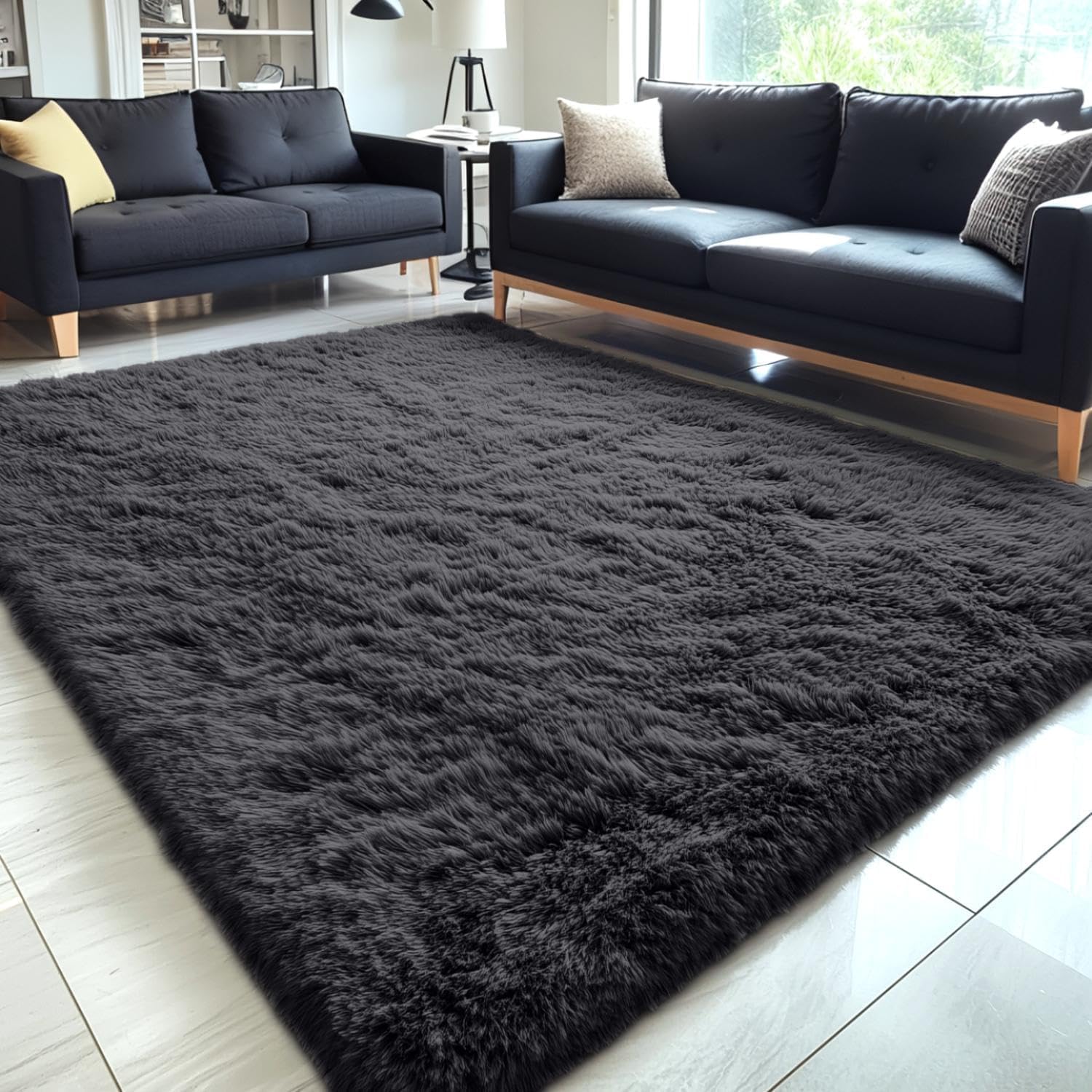 OLANLY 5x5 Area Rug - Soft Fluffy Shaggy Carpet for Living Room & Bedroom | Machine Washable, Black