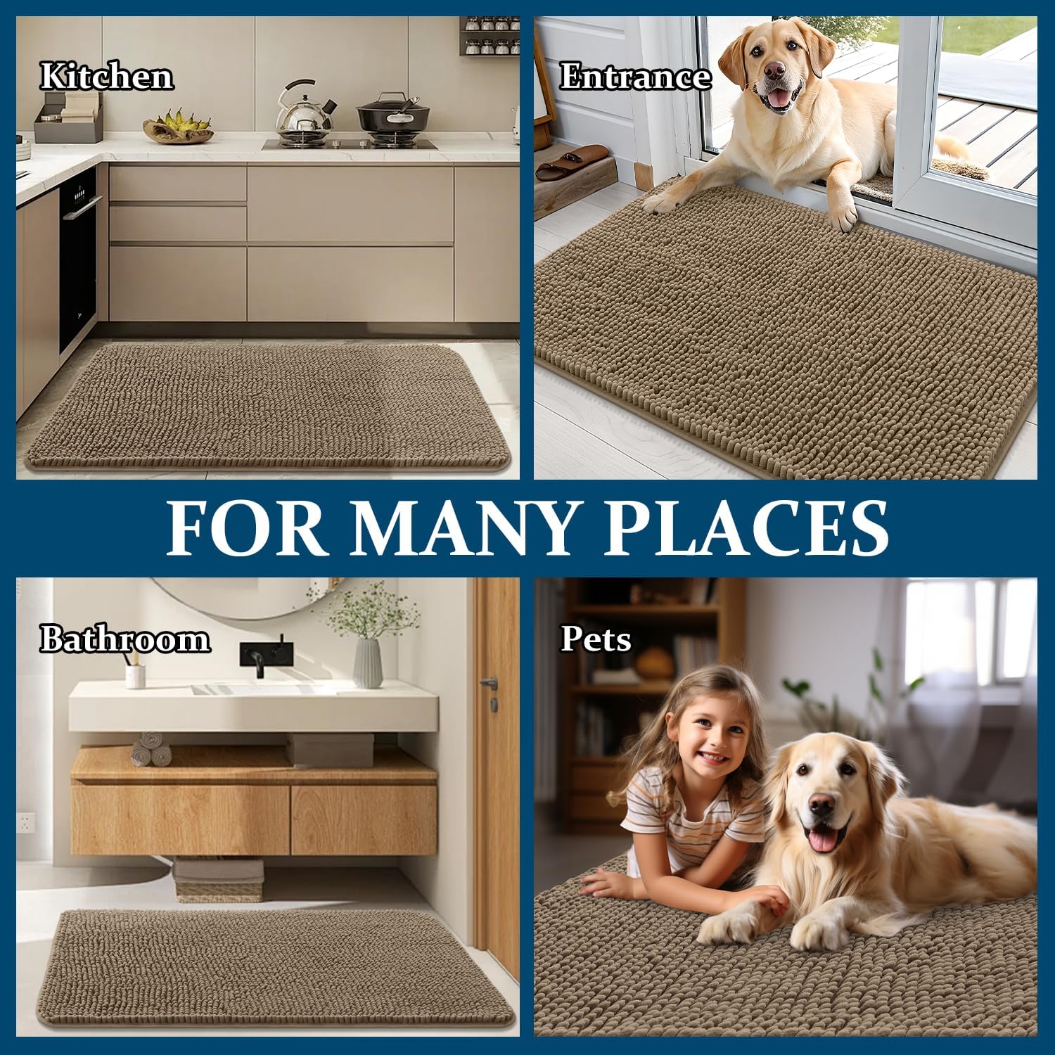 OLANLY Dog Door Mat - Absorbent Non-Slip Chenille Mat for Muddy Paws | 34x21, Quick Dry, Tan