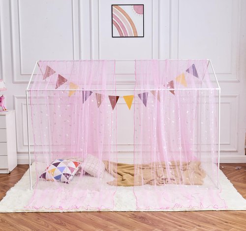 WANFASO Pink Horse Canopy Bed Curtains with Lights, Princess Bed Canopy for Girls Kids Room Decor, Sheer House Twin Bed Canopy Curtains Scarf (2 Panel)