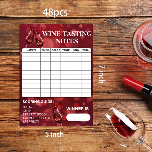 48pcs Wine Tasting Scorecards 5 x 7" Wine Score Rating Scorecard Sheet Wine Tasting Party Card for Blind Tasting 101 Single Party Girls Night Out Tasting Wine Club Event Gathering Winery Dinner Party