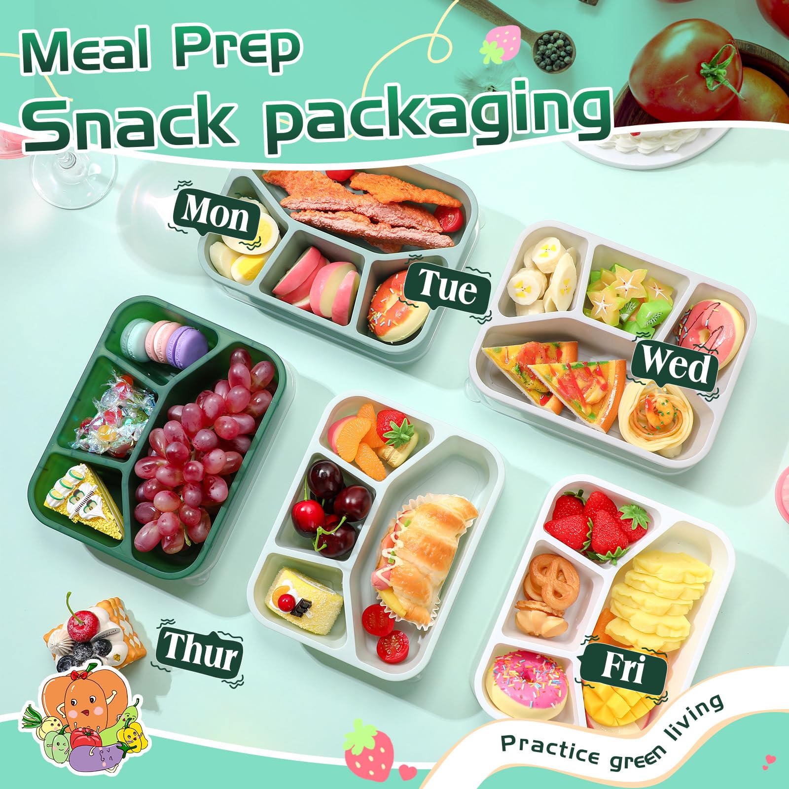 Honeydak 5 Pack Snack Containers 4 Compartment Bento Snack Boxes Reusable Lunchable Containers with Lids Divided Meal Prep Lunch Food Storage Box for School Work Travel(Sage,Mixed)