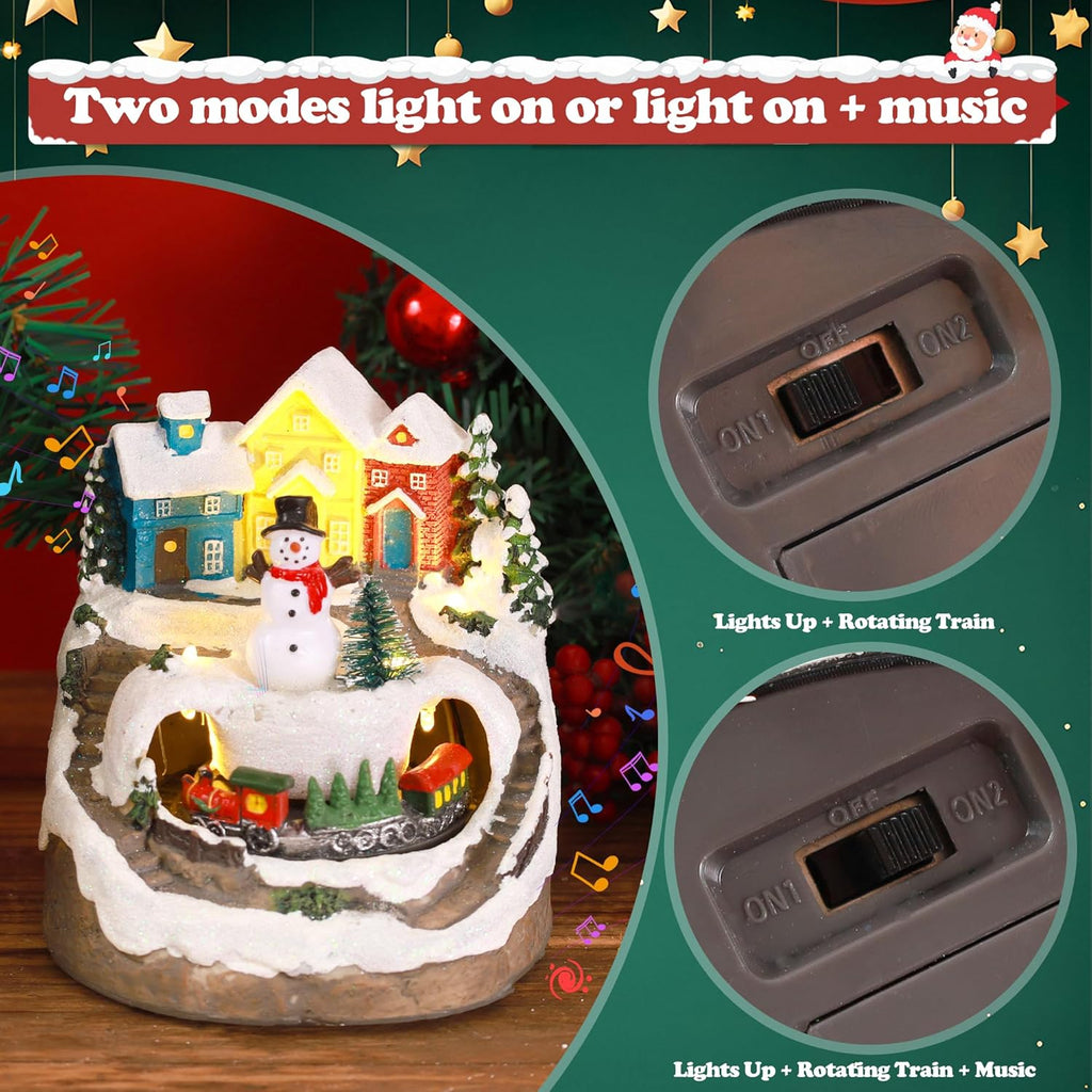 Skiennix Musical Resin Snowman Figurines - Spinning Train & LED Lights | Holiday Indoor Decor