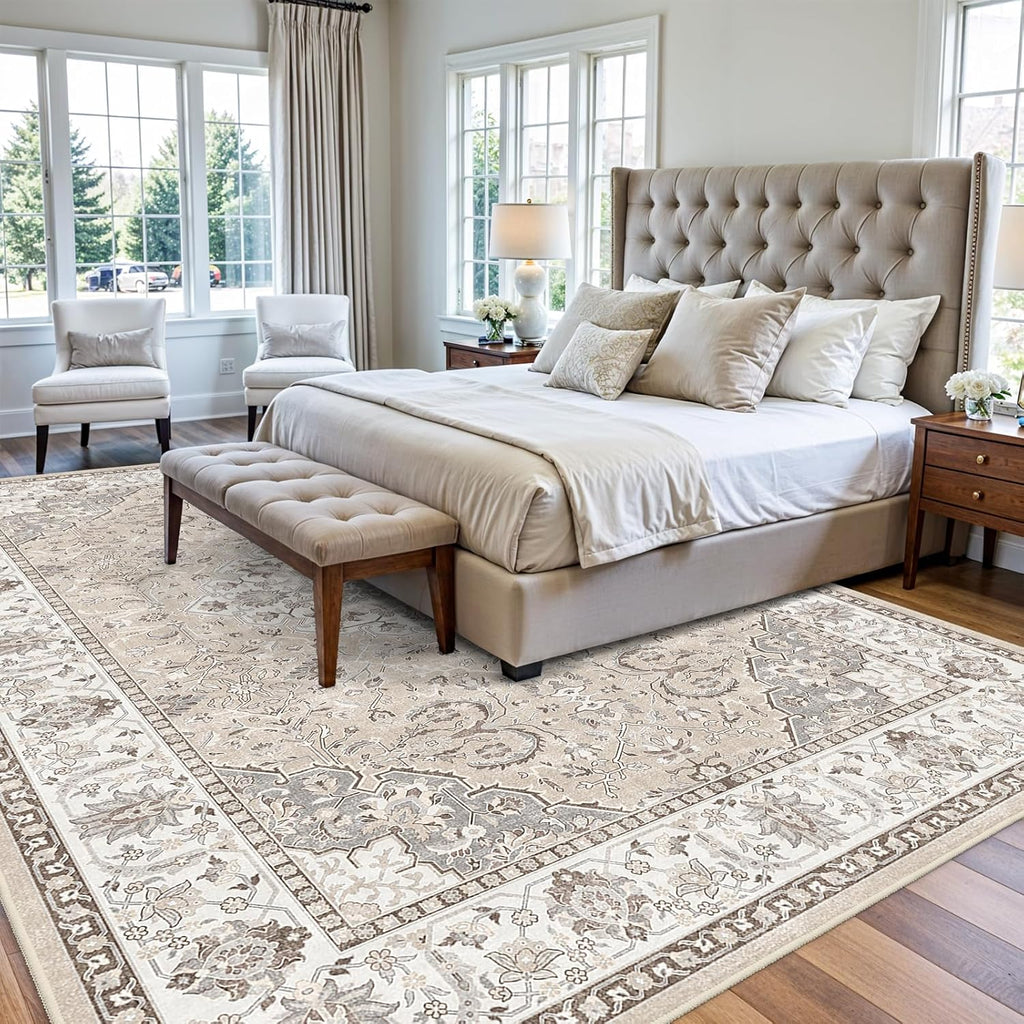 Skiennix Washable Large 9x12 Area Rug - Soft, Non-Slip, Stain-Resistant Carpet for Living Room & Bedroom (Beige)