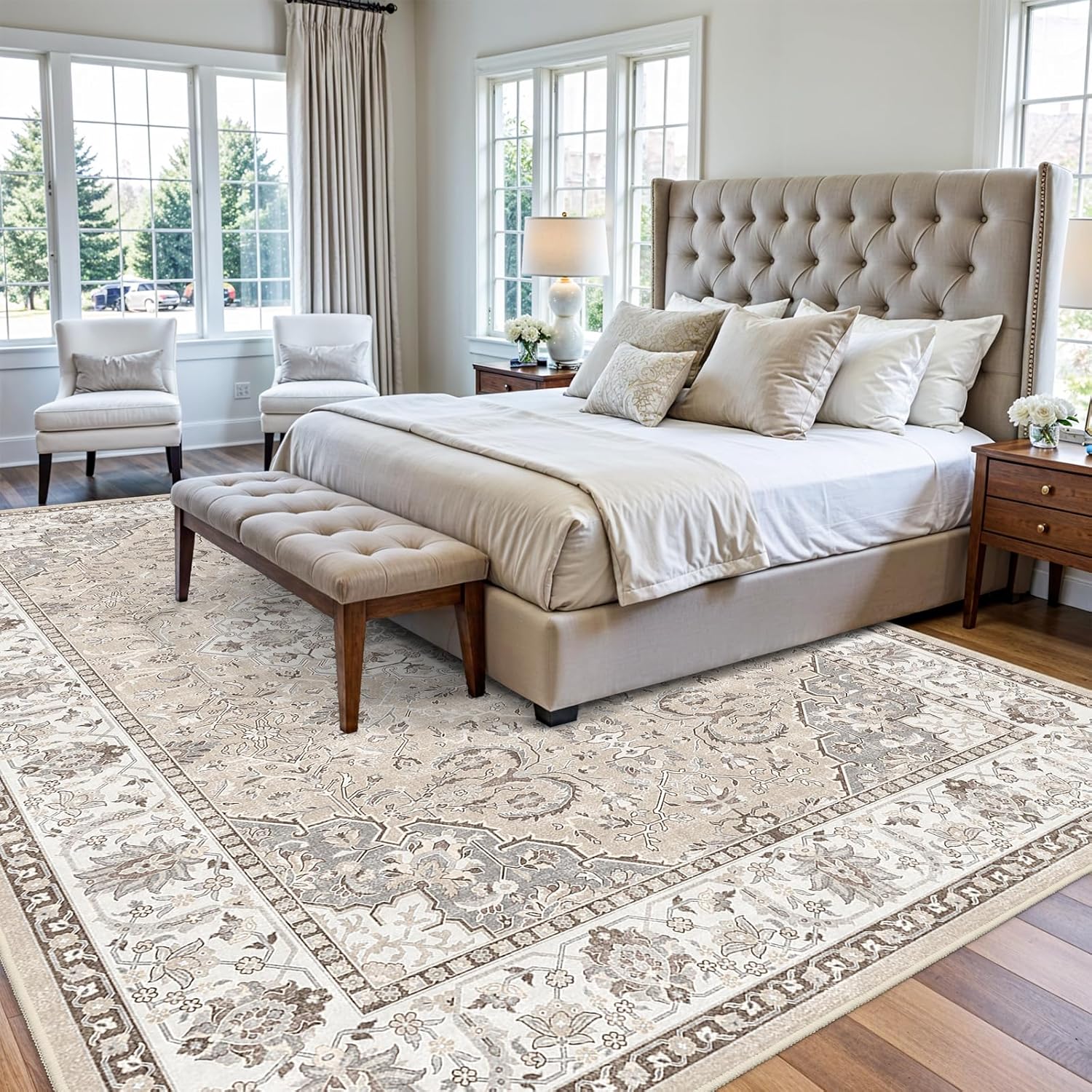 Skiennix Washable Large 9x12 Area Rug - Soft, Non-Slip, Stain-Resistant Carpet for Living Room & Bedroom (Beige)