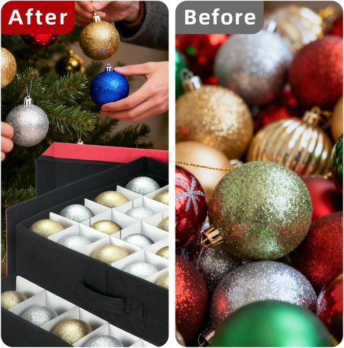 Inin Christmas Ornament Storage Box - Adjustable Dividers & Stackable Design | Holds 72 Balls, Red