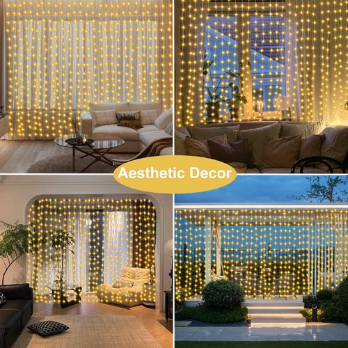 echosari 300 LED Curtain Lights, 9.8Ft x 9.8Ft USB Plug in Christmas Fairy Curtain Lights with Remote, Hanging String Light for Bedroom Backdrop Window Wall Wedding Decor, Warm White