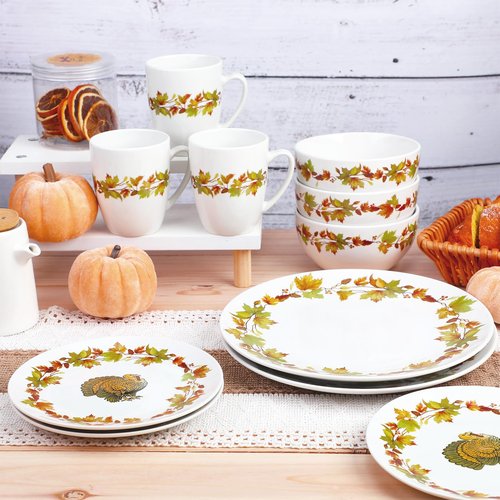 Reallnaive 16 Pcs Thanksgiving Dinnerware Sets for 4 Rustic Autumn Tableware Fall Thanksgiving Salad Plate Harvest Soup Cereal Bowl Mug Dinnerware Sets with Berry Fall Maple Leaves Turkey Service