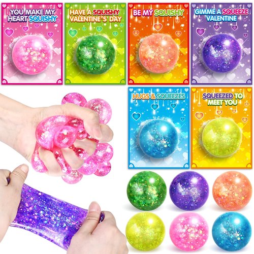 AuroTops Valentines Day Cards for Kids,24 Pack Stretchy Balls with Valentines Day Cards for Kids School Classroom Exchange Valentine's Gifts for Boys Girls Squeeze Ball Toy Bulk,Kids Party Favors