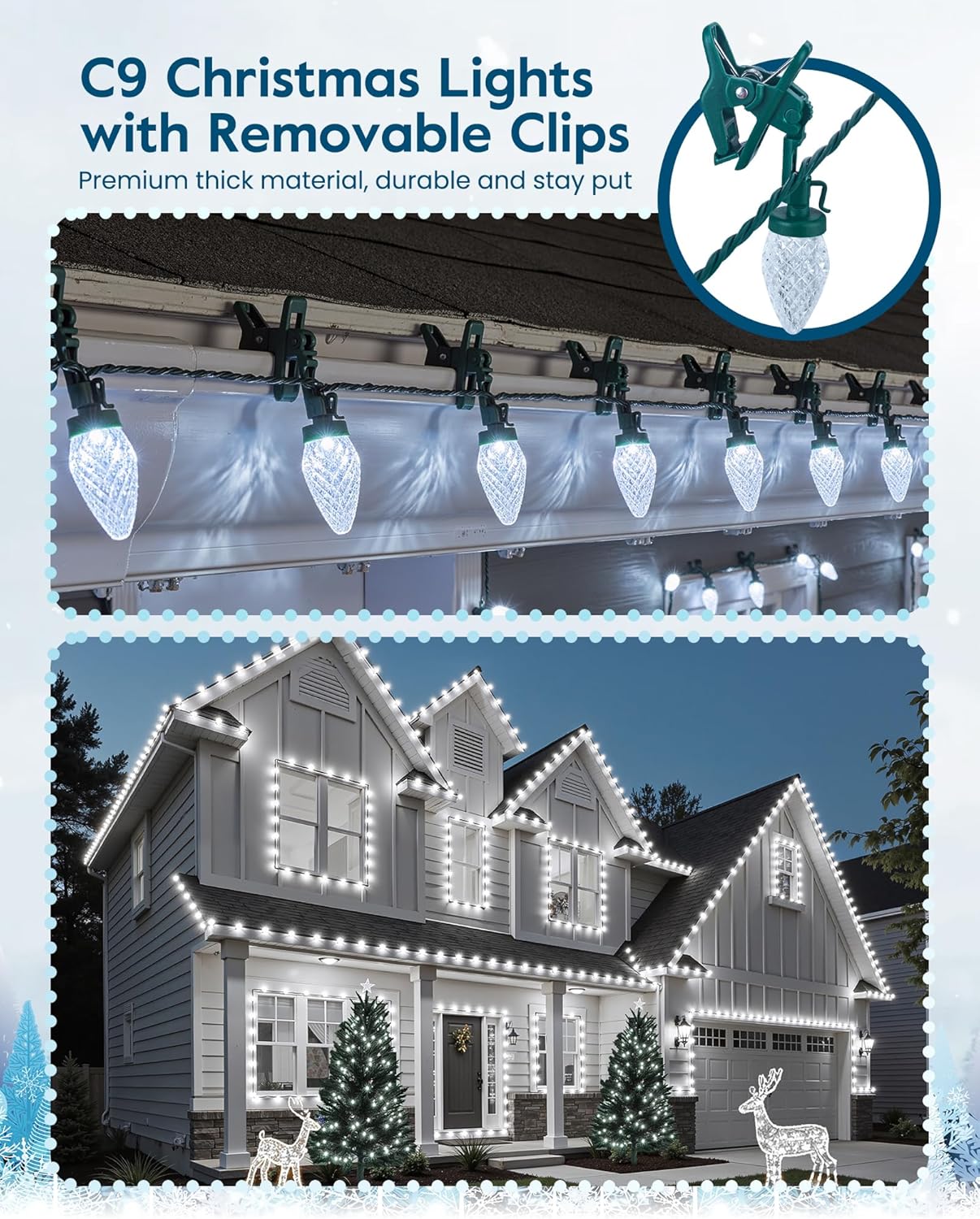C9 Christmas Lights - 100 LED Waterproof String Lights for Outdoor Use | 65FT with 100 Spring Clips