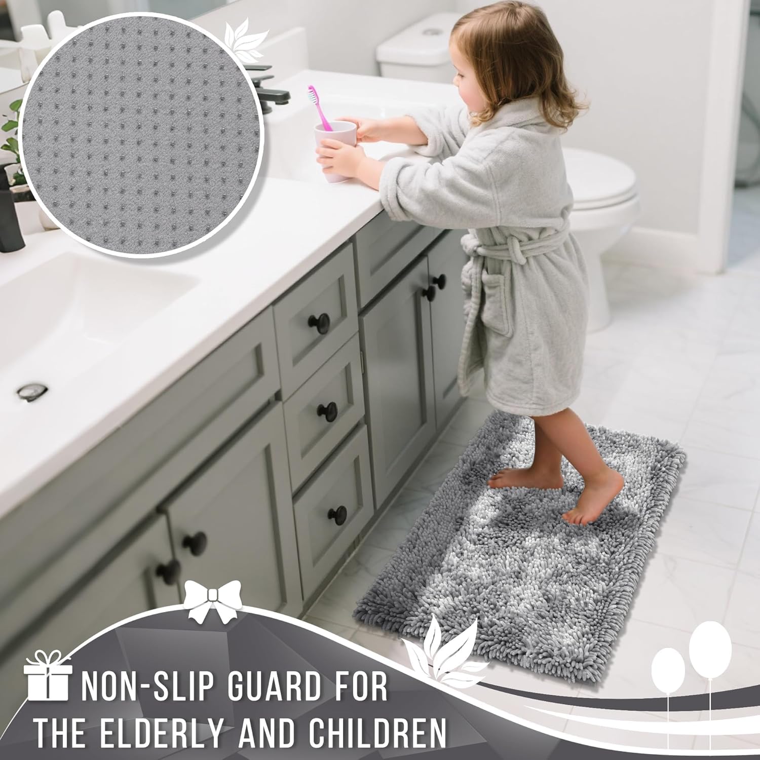 Yimobra Chenille Bathroom Rug - Extra Thick, Soft & Absorbent | Machine Washable, 24x17, Light Grey