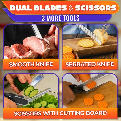 Cutting Board Scissors for Food – 7-in-1 Kitchen Food Scissors with Ribbed & Flat Blades for Easy Meat, Fruits & Veggies Cutting and Decorative Slicing – Easy To Clean Kitchen Shears With Safety Lock