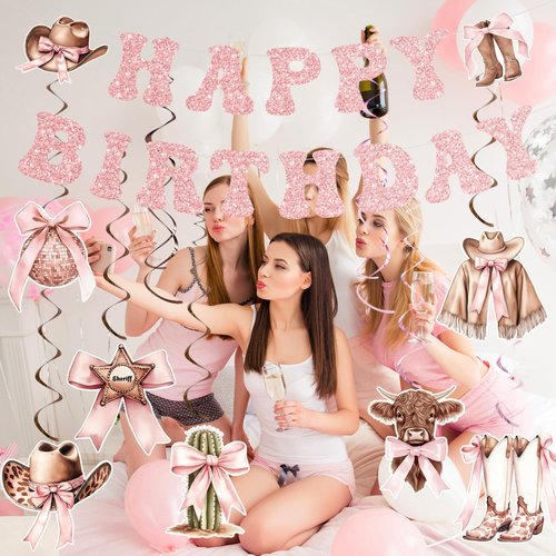 Yunlly Cowgirl Coquette Bow Birthday Party Decorations Western Hanging Swirls Happy Birthday Banner Pink Disco Balloon Rodeo Bachelorette Decor Supplies for Baby Shower Birthady Party Favors