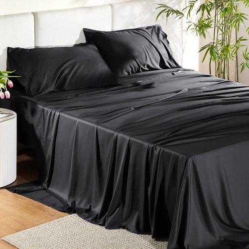 Bedsure Queen Sheets - Cooling Rayon from Bamboo Sheet Set | Soft, Breathable, Deep Pocket, Black
