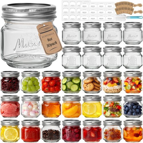 CycleMore Mason Jars 8 oz, 30 Pack Small Canning Jars with Airtight Metal Lids, Embossed Design Glass Storage Jars, 1/4 Quart Jars for Canning, Pickling, Preserving, Jam, Honey, DIY Decor, Gifts