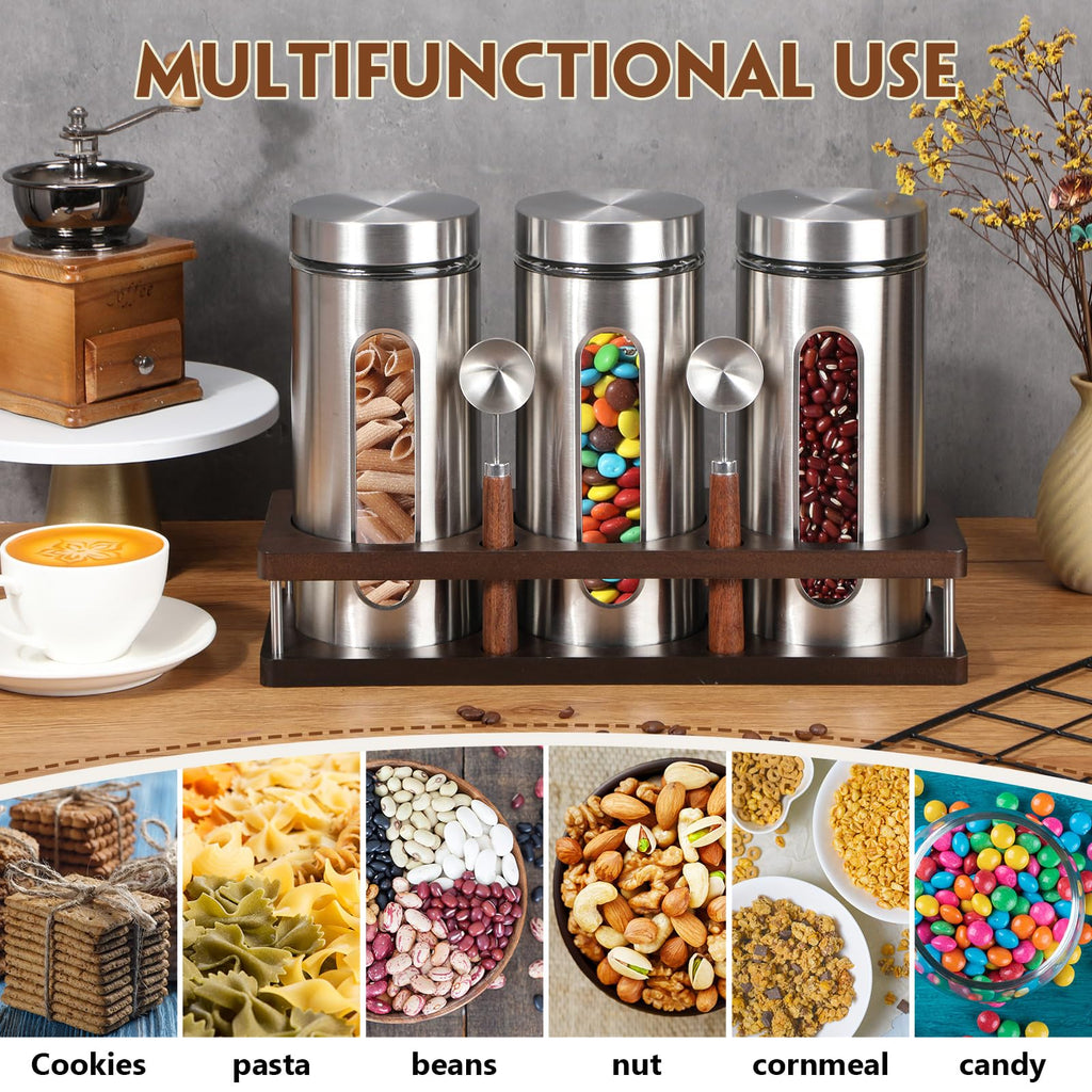Suclain Stainless Steel Coffee Grounds Canisters with Shelf 3 x 50oz Sugar Coffee Bean Storage Container with Airtight Threaded Lid, Glass Window, Scoop Kitchen Storage Jar Set for Bar Creamer Nut Tea