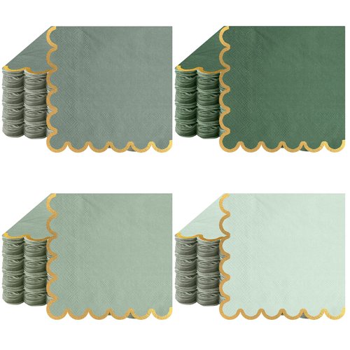 Saypacck 100 Pack Scalloped Cocktail Napkins with Gold Foil Accents Beverage Napkins Scalloped Disposable Paper for Wedding Shower Baby Dinner Birthday Party Supplies 5 x 5''(Green)