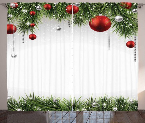 Ambesonne Christmas Curtains, Classical Christmas Ornaments and Baubles Coniferous Pine Tree Twig Tinsel Print, Living Room Bedroom Window Drapes 2 Panel Set, 108" X 90", Vermilion Green