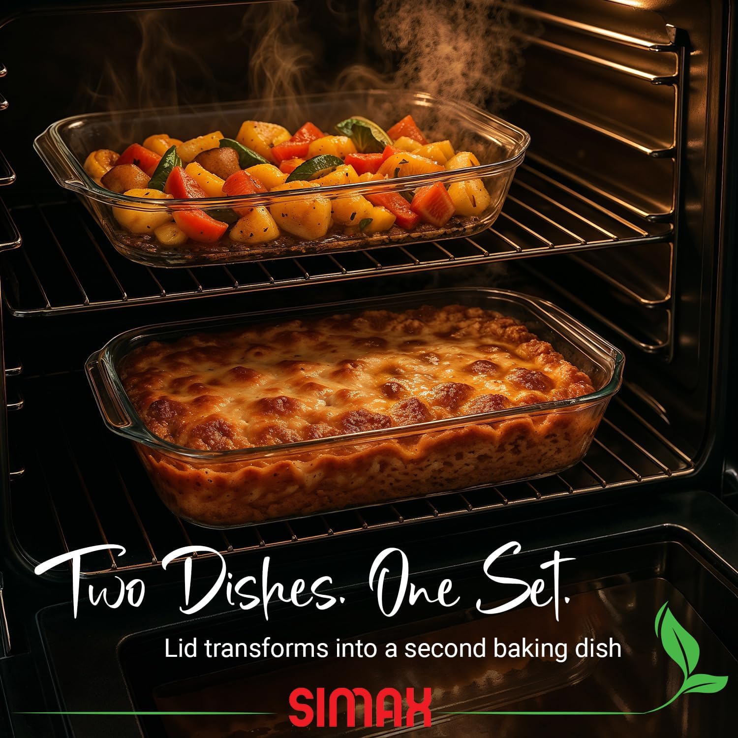 Simax Large Glass Casserole Dish - Oven Safe Bakeware With Lid | 3 Quart Oblong Cooking & Serving Dish