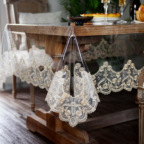 ARTABLE Vinyl PVC Rectangle Tablecloth Waterproof Clear Table Cover with Champagne Lace Macrame Border for Wedding Kitchen Home Outdoor Indoor Holidays Party Decor (Gold, 60 x 120 Inch)