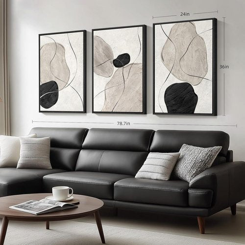 Framed Black and White Abstract Wall Art - Large 3 Piece Minimalist Canvas Set | Modern Home Decor 24x36 In