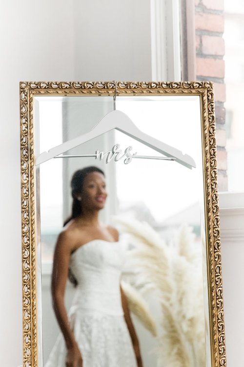 Pearhead Mrs. Wedding Dress Hanger, Wooden Bridal Gown Hanger with Cursive Wire Lettering, Wedding Photo Prop and Bridal Keepsake, White and Silver