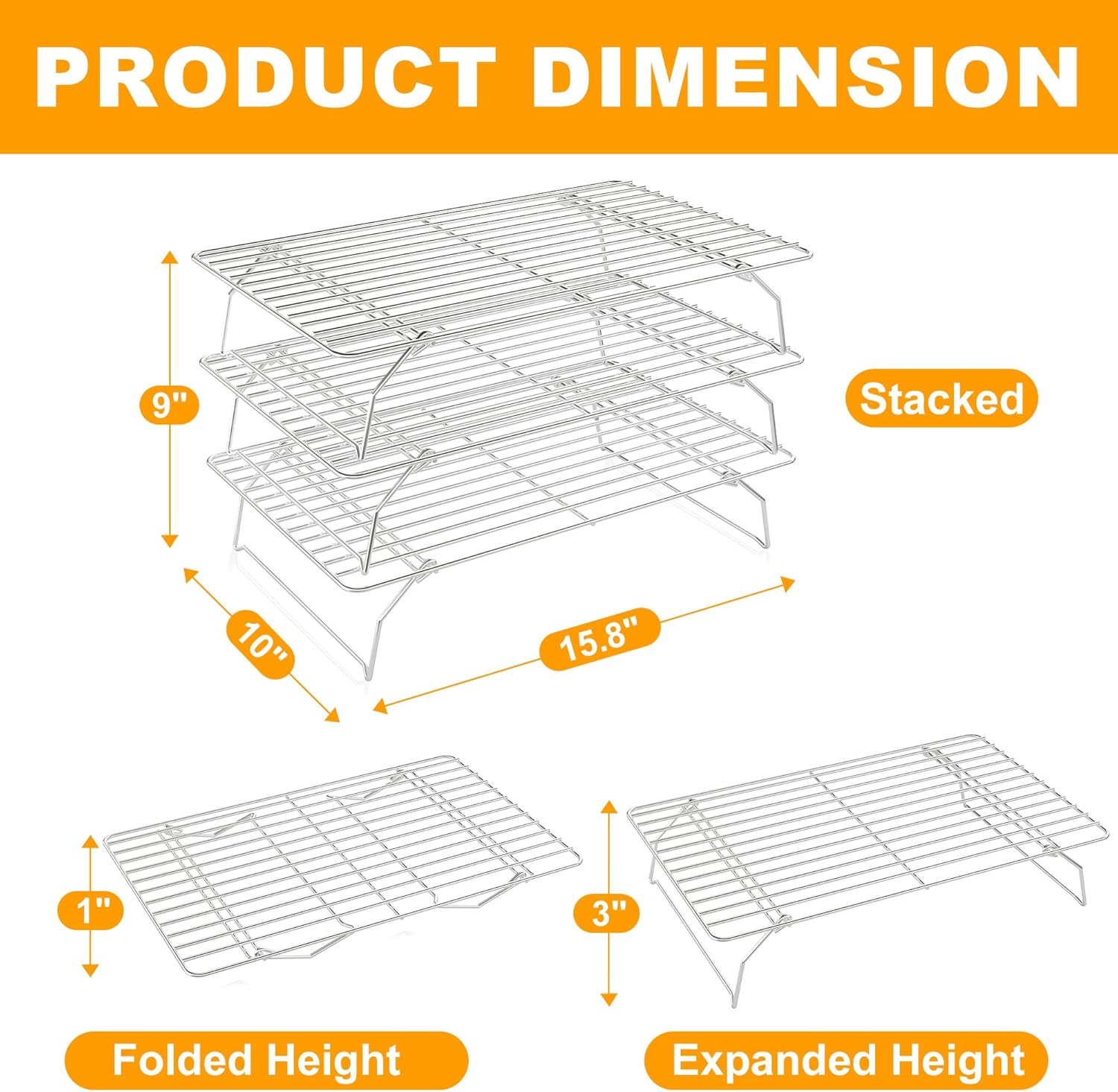 Skiennix 3-Tier Stackable Cooling Rack - Heavy Duty Baking Rack for Cookies, Pizza, Cakes | 15.8” x 10” - Oven & Dishwasher Safe - Silver