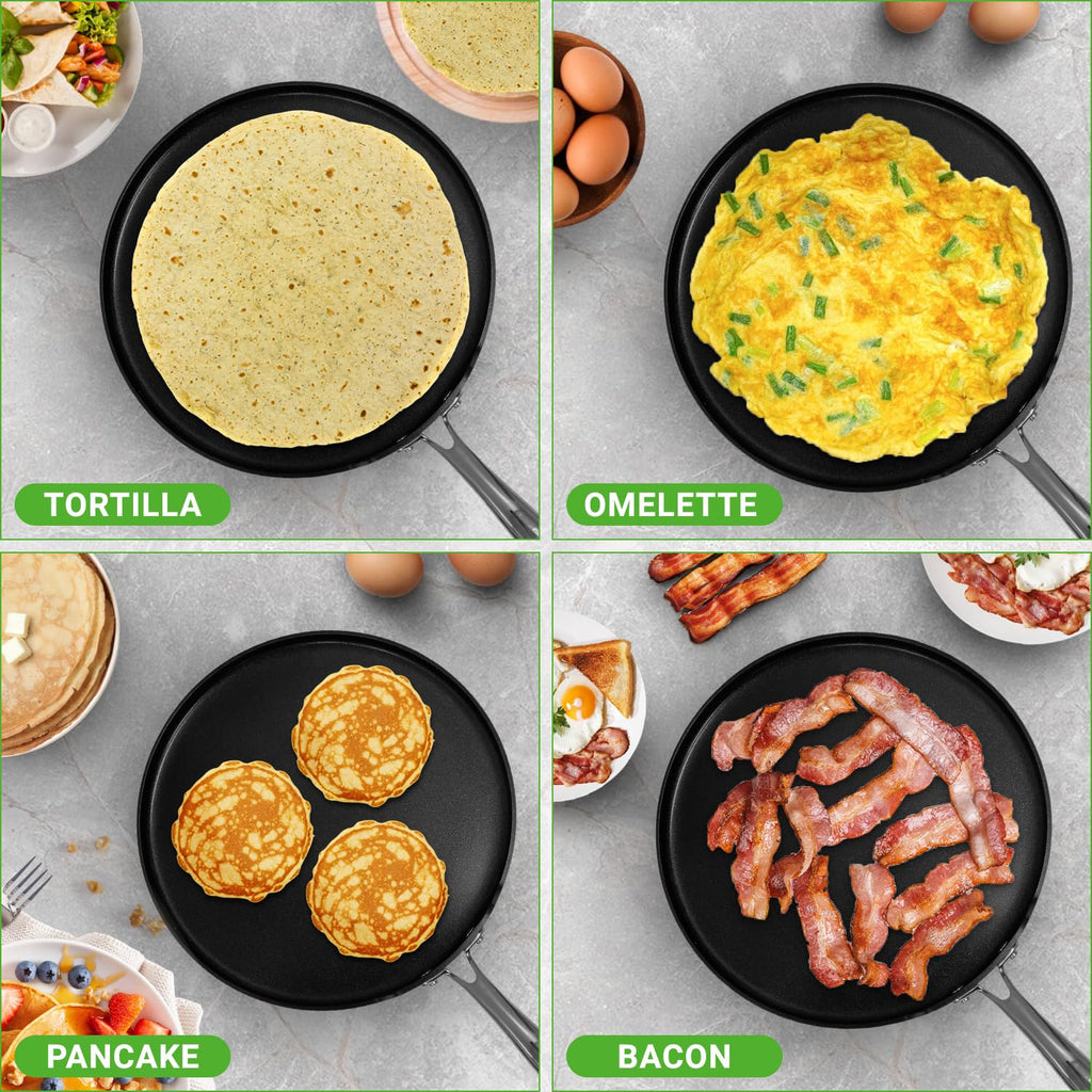 NutriChef 12 Inch Crepe Pan Non Stick, Ideal for Large Pancakes, Dosa, Chapati & Tortillas, Hard-Anodized, Dishwasher Safe