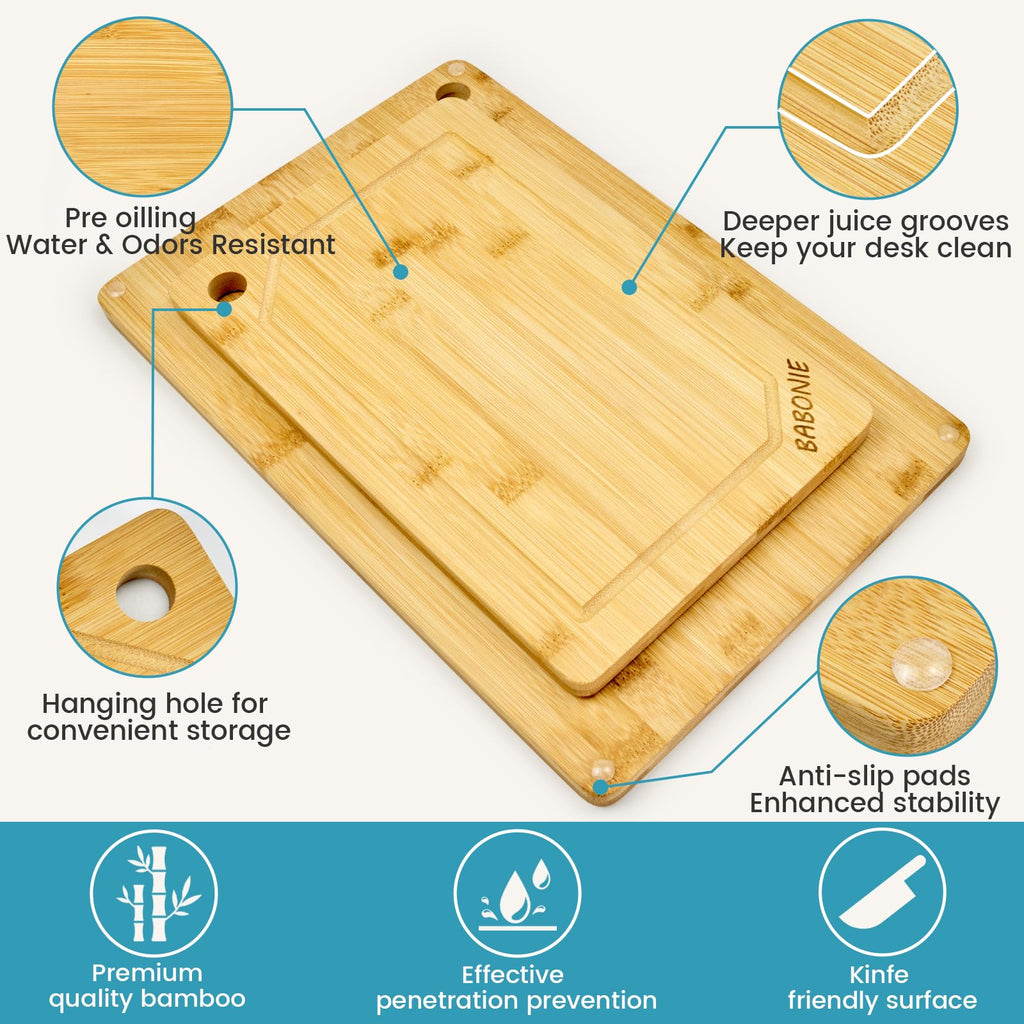 Babonie Bamboo Cutting Board Set of 2PC Large Bamboo Cutting Boards for Kitchen with Wooden Organizer, 1PC Stainless Chopping board for Meat, Vegetables and Fruits Ideas Kitchen Gift