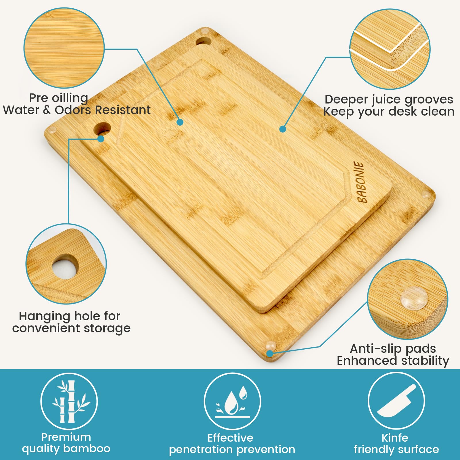 Babonie Bamboo Cutting Board Set of 2PC Large Bamboo Cutting Boards for Kitchen with Wooden Organizer, 1PC Stainless Chopping board for Meat, Vegetables and Fruits Ideas Kitchen Gift