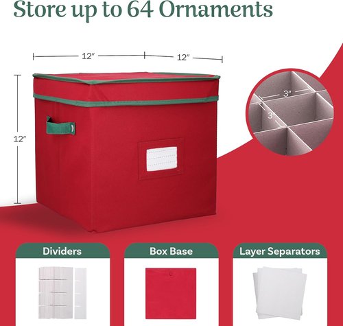 Elf Stor Christmas Decor Storage Box - Red Oxford Canvas Ornament Cube with 64 Compartment Dividers & Lid