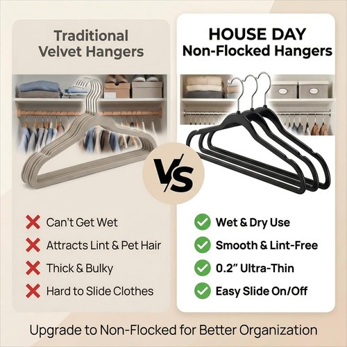 HOUSE DAY Black Plastic Hangers 60 Pack - Heavy Duty Non-Velvet Hangers with 360° Swivel Chrome Hook & Non Slip Notches - Slim Space Saving Clothes Hangers Ideal for Dresses Coats Shirts Jackets