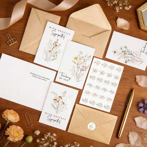 Cardkiss 24 Pcs Sympathy Cards with Envelopes, Bulk Condolence Cards with Thoughtful Messages with Envelopes and Stickers, 6 Unique Wildflowers Watercolor Designs
