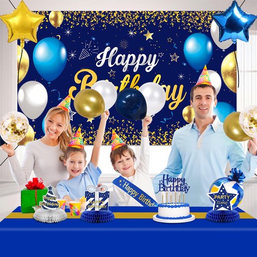 Birthday Decorations Navy Blue Gold - Happy Birthday Banner, Sash, Balloons, Tablecloth, Cake Topper, Candles,Table Decorations - 35pcs Party Decor for Men and Boys