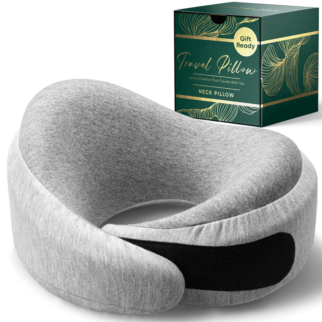 Proglobe Luxe Memory Foam Travel Neck Pillow for Airplanes, Ergonomic 360° Neck and Chin Support, Organic Cotton Cover, Compact Compression Bag, Light Gray