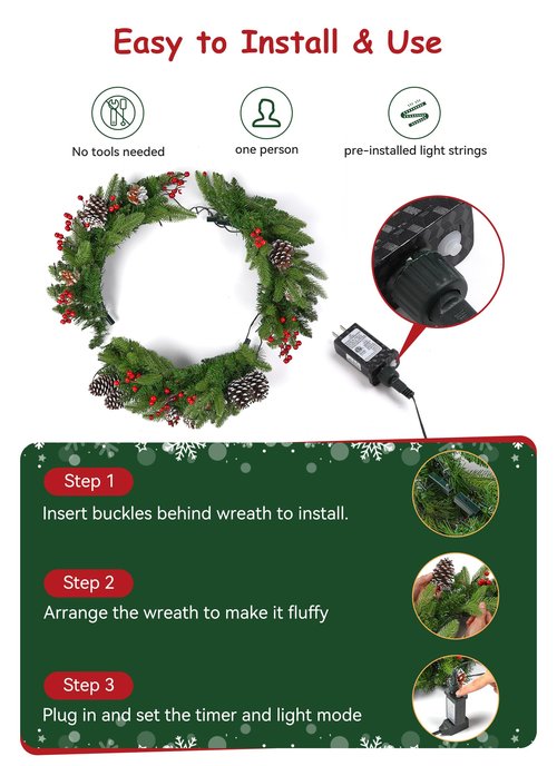 Brightown 24 Inch Pre-Lit Artificial Christmas Wreaths for Front Door,Christmas Decorations Indoor with Pine Cones & Berry Clusters, Christmas Wreath with 50 Lights for Fireplace Wall Window, Plug-in