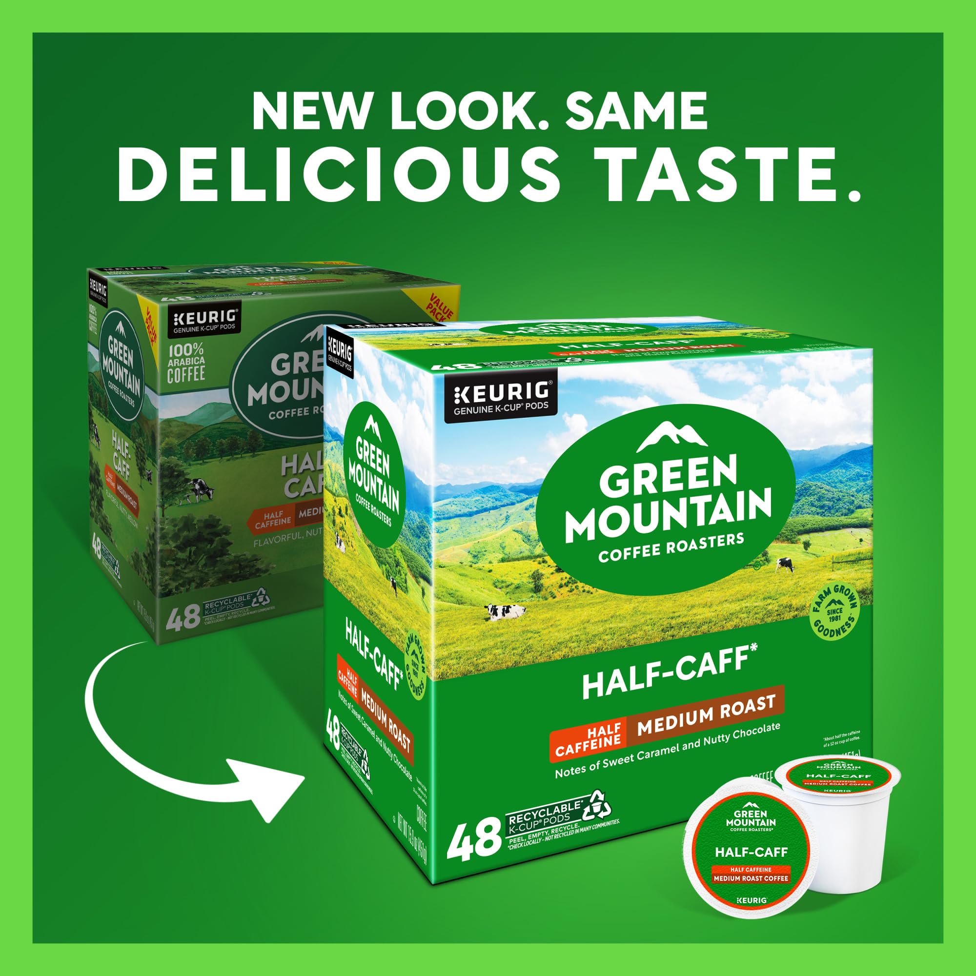 Green Mountain Coffee Roasters Half Caff, Single-Serve Keurig K-Cup Pods, Medium Roast Coffee Pods, 48 Count