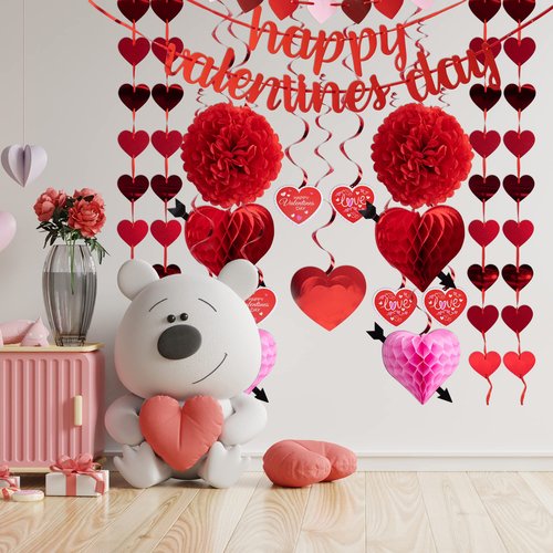 JOYIN 20 Packs Valentine’s Day Swirl String Cutout with Garland , Party Decoration Kit with Banner, Cutouts Swirls Garland, Tissue Fans &Poms for Valentines Party Supplies, Decor Wedding Anniversary
