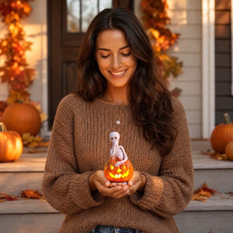 Halloween Skeleton Pumpkin Light - Orange Resin Skull Lantern for Indoor Outdoor Decor
