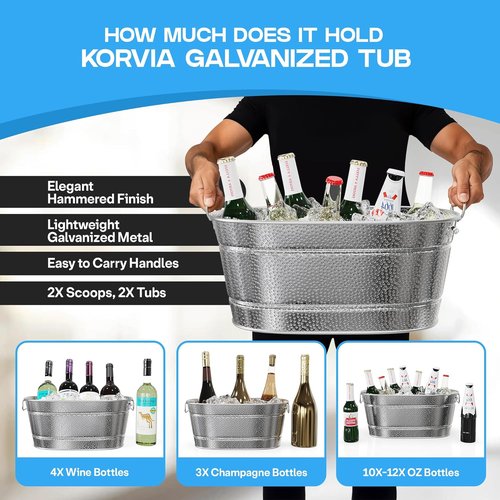 2 Pack Galvanized Tub with Handles - Beverage Tub with 2 Ice Scoops, 3 Gallon Ice Bucket for Parties, Metal Drink Buckets for Parties for Champagne Cocktails Wine Cooling for Mimosa Bar Supplies