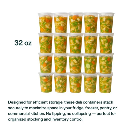 ProTakeOut 32oz [240 set] Heavy Duty Plastic Deli Container | BPA-Free Food Storage with Airtight Leak‑Proof Lids | Microwave, Freezer & Dishwasher Safe – Stackable, Bulk Reusable Soup & Meal Prep Tub