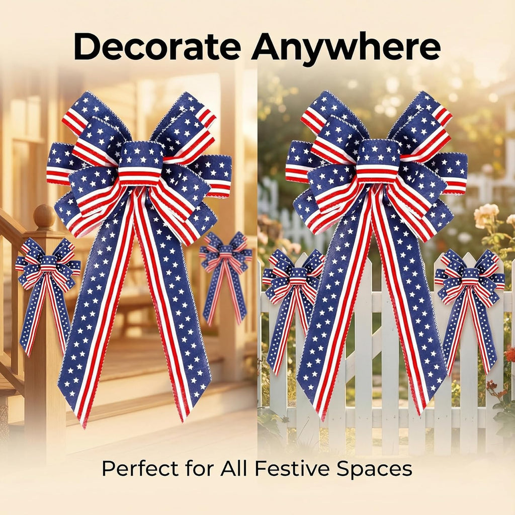 Skiennix Memorial Day Decorations - Patriotic Stripe Stars Wreath Bow for Front Door | Red, White & Blue Tree Topper Bows
