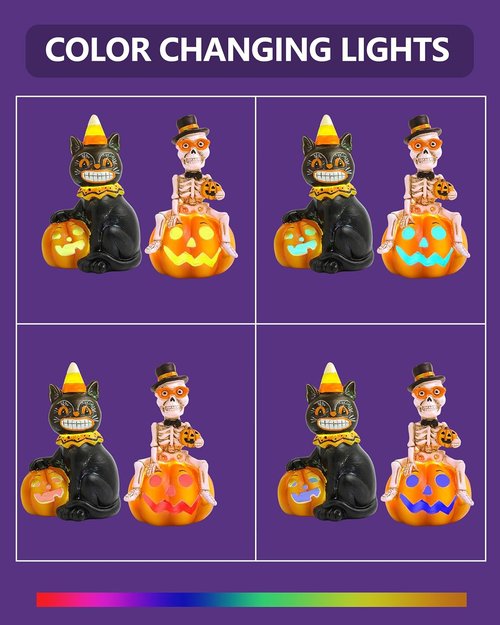 GoGnome Vintage Halloween Decorations - 2-Pack Resin Skeleton & Black Cat Figurines with Pumpkin Lights | 4.7'' Table Decor