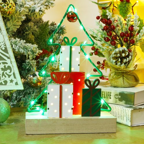 Lulu Home Christmas Tabletop Decoration, Wooden Pre-lit Christmas Tree Ornament with Green Metal Frame, Battery Operated LED Light Up Holiday Sign for Indoor Mantel Shelf Decor