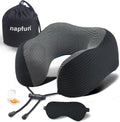 Napfun Neck Pillow - Memory Foam Travel Pillow with Pouch, Sleep Mask & Earplugs | Black Striped Kit