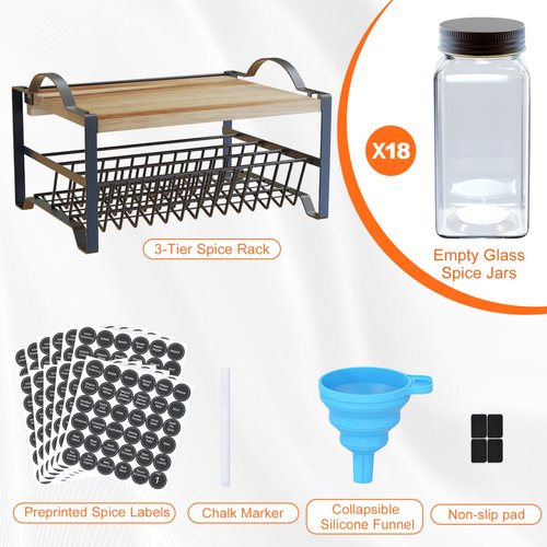 Obswell Kole 3 Tier Spice Rack Organizer with Bamboo Top Tablet Holder, 18 Spice Jars, 422 Spice Labels, and Funnel Set for Kitchen, Cabinet, Countertop, Pantry, Cupboard. Seasoning Organizer Black