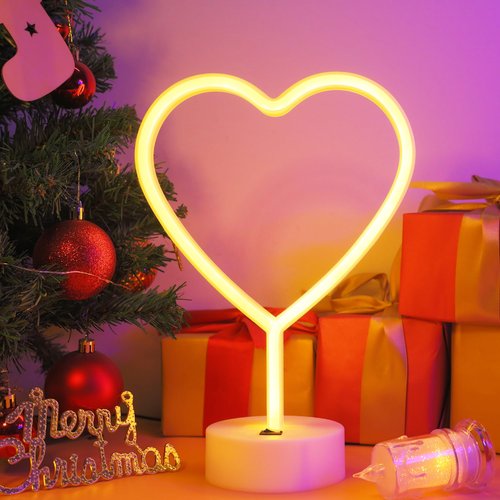 LED Heart Shaped Neon Night Lights Warm White Neon Lamp USB & Battery Powered Hanging Wedding Sign Novelty Indoor Lamps Decor Birthday Party Christmas Party Kids Room Living Room Bedroom or Bar
